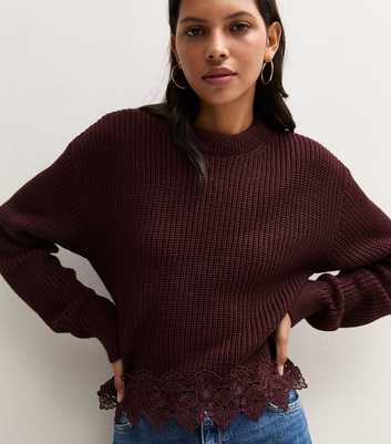 Dark Burgundy Chunky Knit Lace Hem Jumper