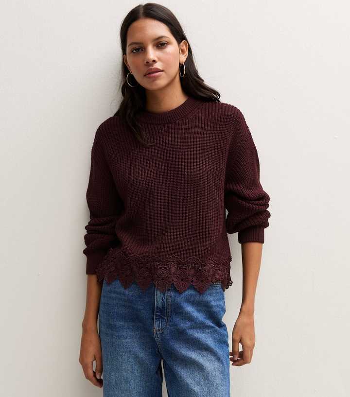 Dark Burgundy Chunky Knit Lace Hem Jumper