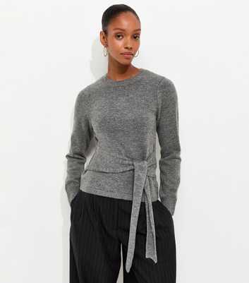 Grey Knitted Tie Front Jumper
