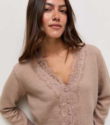 Petite Light Mink Knitted Lace Trim Long Sleeve Cardigan