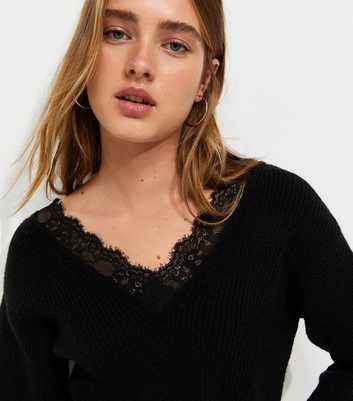 Black Ribbed Knit Lace Trim V Neck Jumper