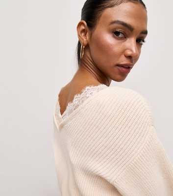 Cream Ribbed Knit Lace Trim V Neck Jumper