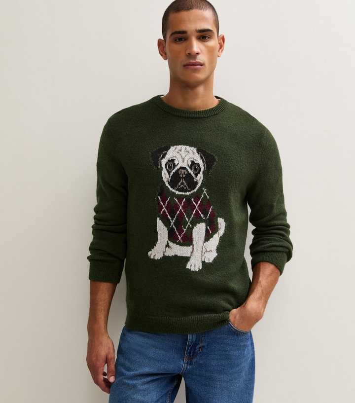 Dark Green Regular Fit Argyle Pug Knitted Jumper