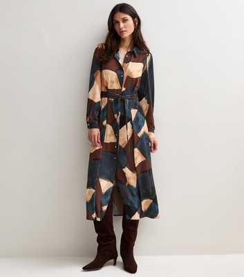 Brown Satin Printed Shirt Midi Dress