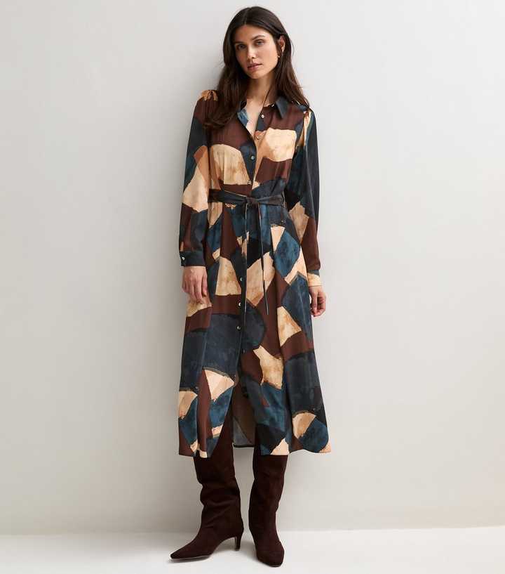 Brown Satin Printed Shirt Midi Dress