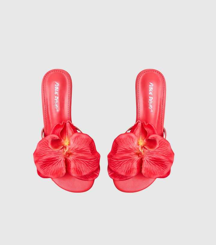 Public Desire Bright Red Nikah Faux Leather 3D Floral Mule Sandals