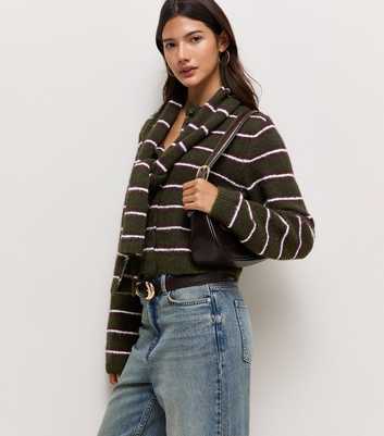Dark Green Knitted Striped Scarf Neck Cardigan