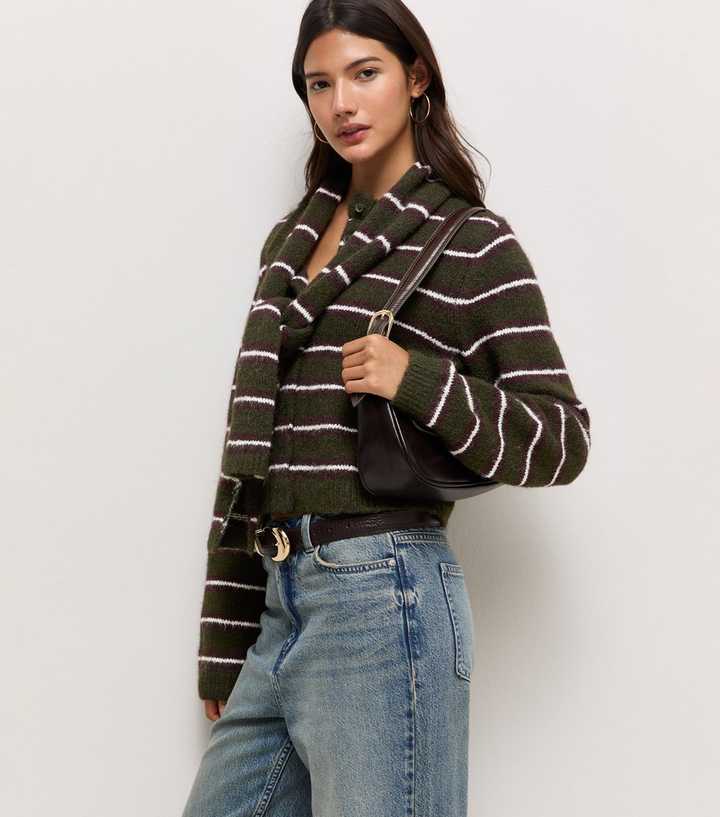 Dark Green Knitted Striped Scarf Neck Cardigan