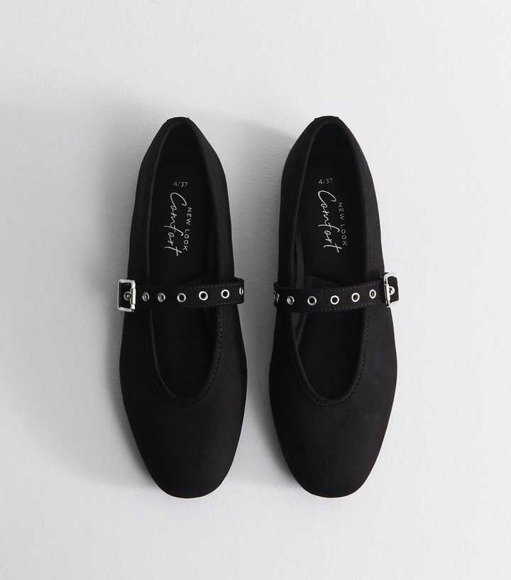 Black Faux Suede Eyelet Strap Mary Jane Flats