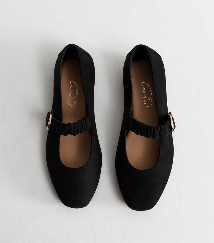 Wide Fit Black Faux Suede Ruched Strap Mary Jane Shoes