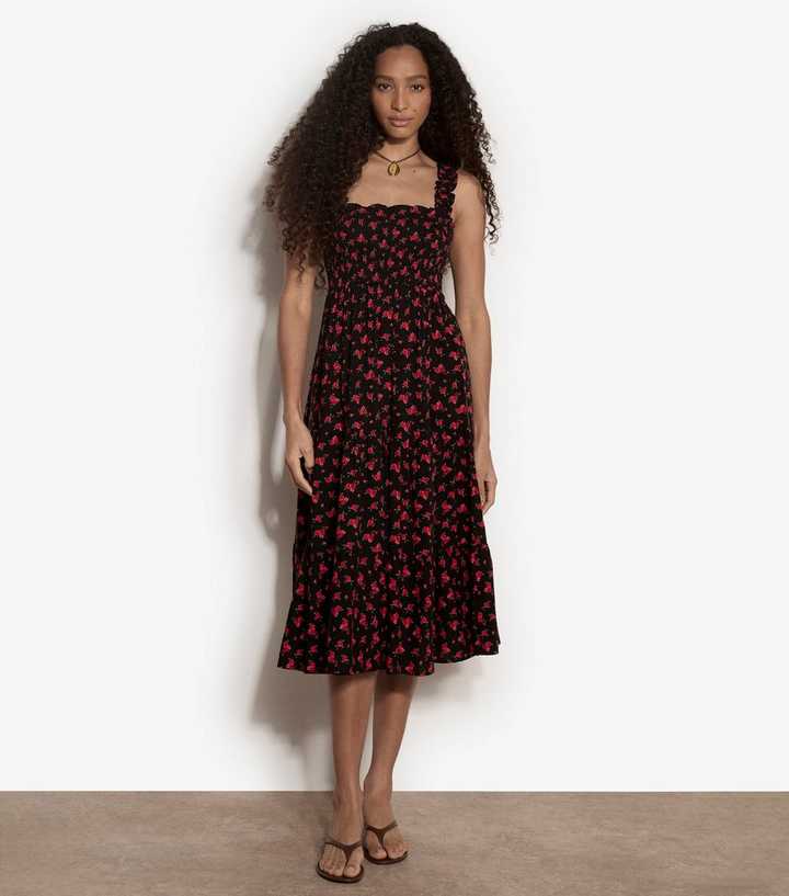 Apricot Red Ditsy Print Tiered Midi Dress