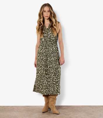 Apricot Dark Khaki Animal Print Zip Midi Dress
