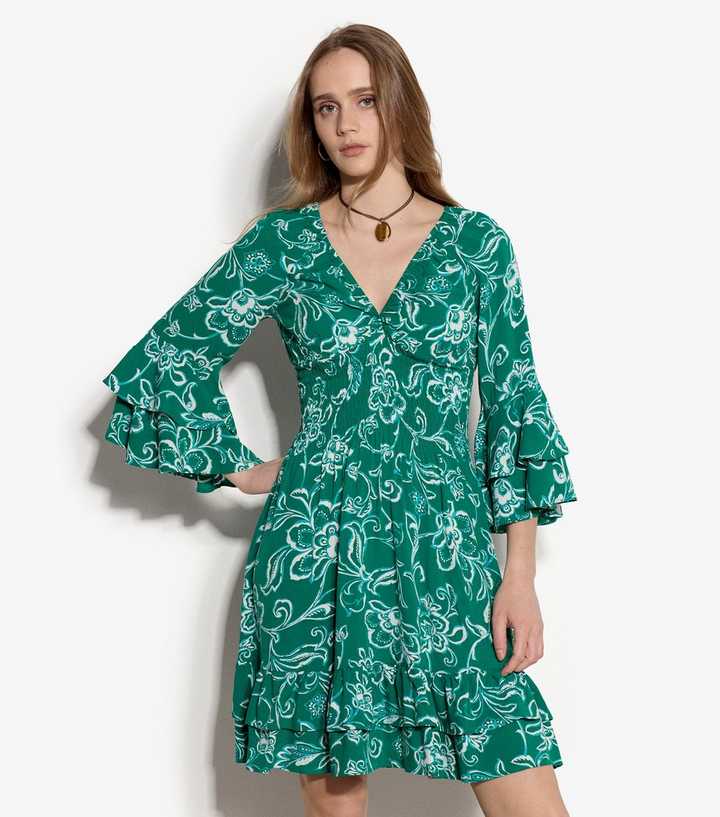 Apricot Green Floral Print Smocked Ruffle Mini Dress