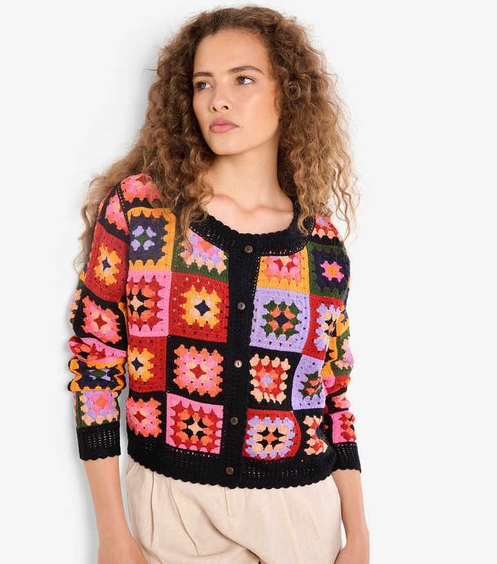 Apricot Black Crochet Squares Cardigan