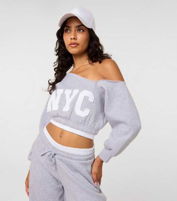 Pink Vanilla Grey NYC Logo Off the Shoulder Sweatshirt