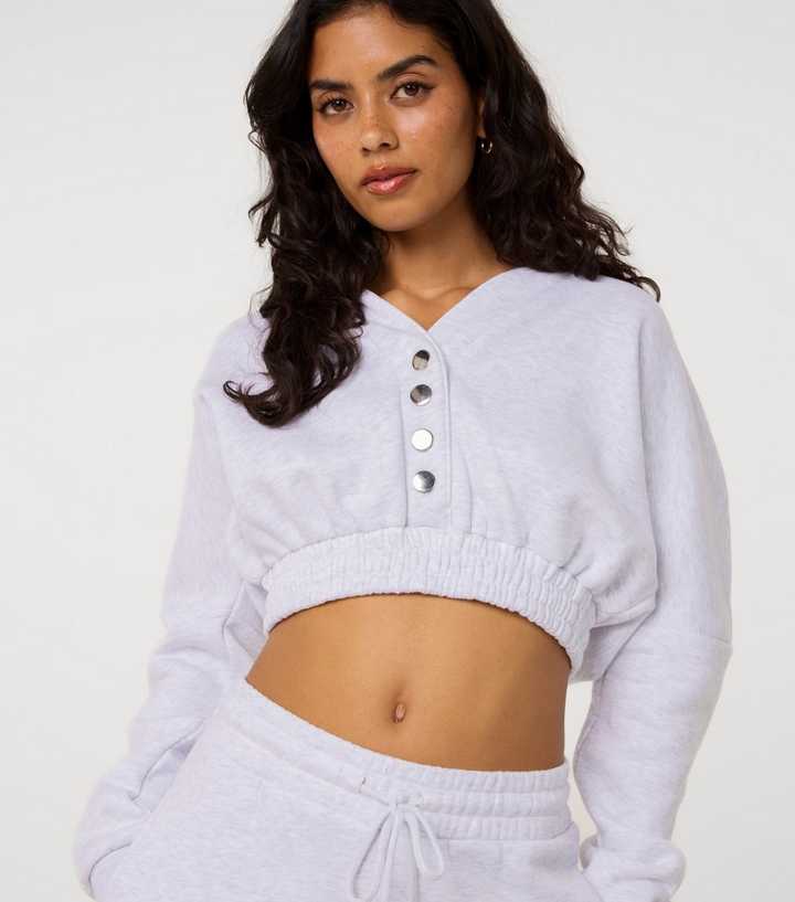 Pink Vanilla Light Grey Press Stud Cropped Hoodie