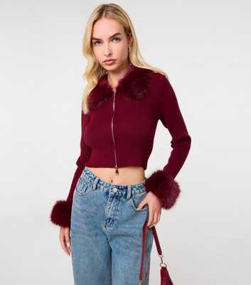 Pink Vanilla Dark Burgundy Faux Fur Trim Zip Front Cardigan