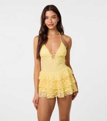 Pink Vanilla Light Yellow Lace Halter Neck Mini Dress
