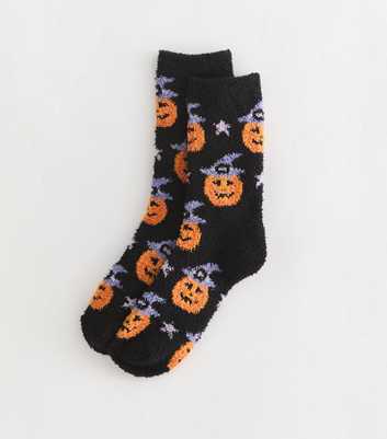 Black Fuzzy Knit Halloween Pumpkin Socks