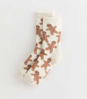 Cream Fuzzy Knit Christmas Gingerbread Man Patterned Ankle Socks