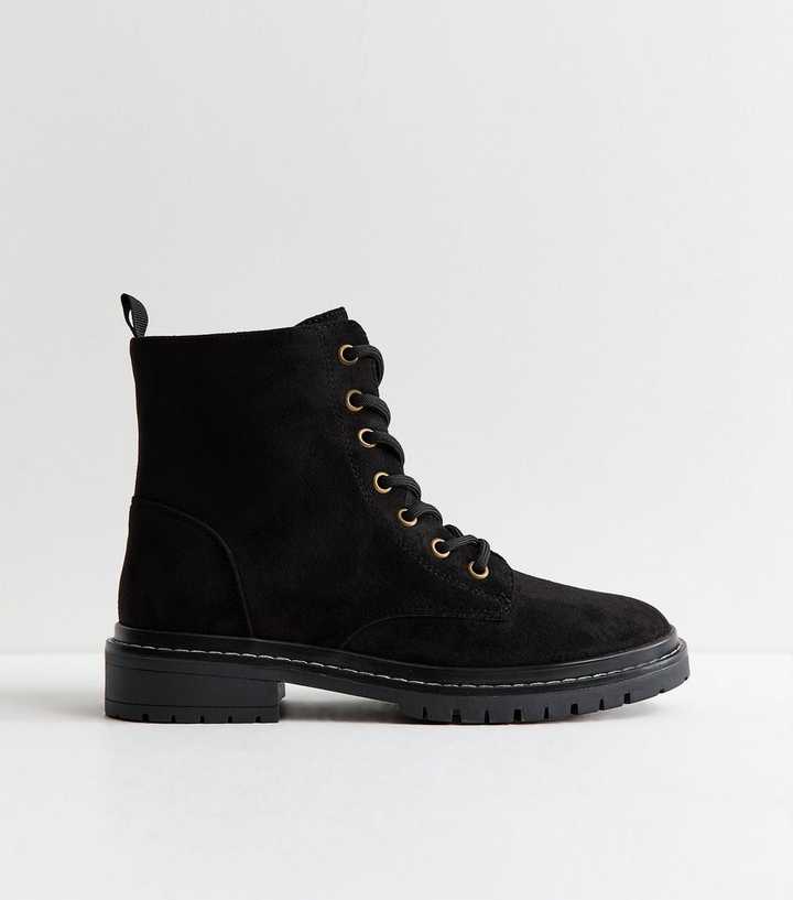 Black Faux Suede Stitch Trim Faux Lace Up Ankle Boots