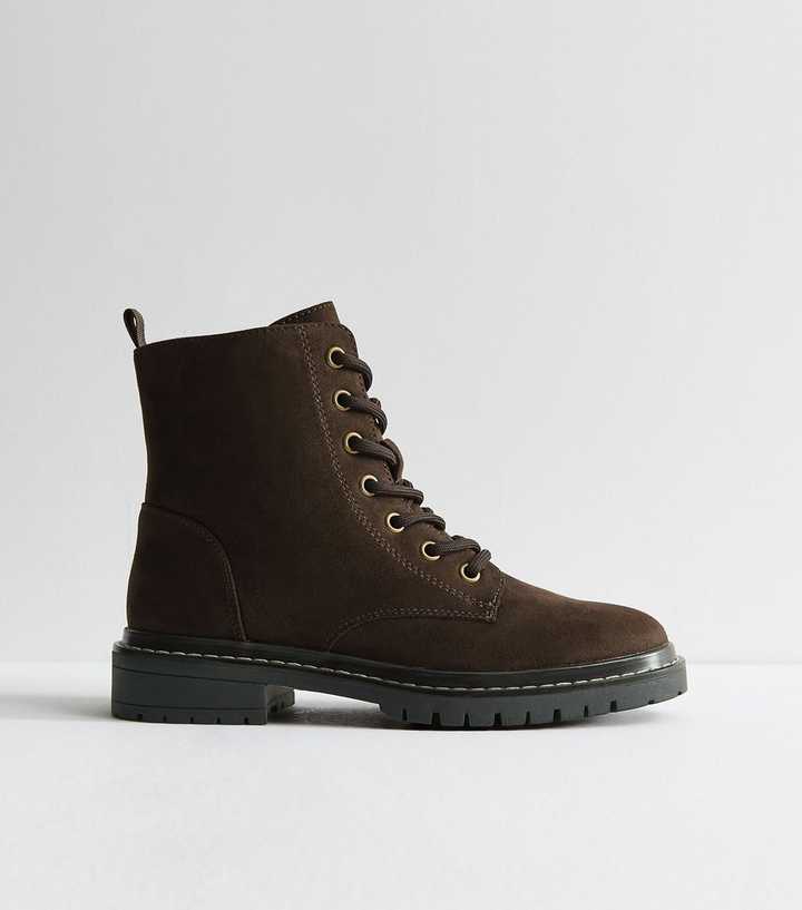 Dark Brown Faux Suede Stitch Trim Faux Lace Up Ankle Boots