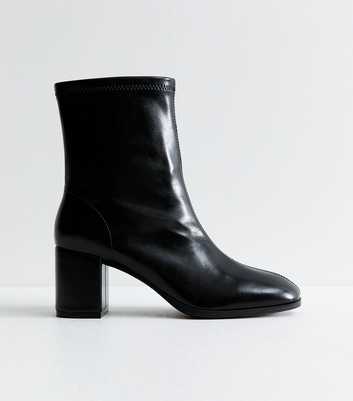 Black Faux Leather Sock Block Heel Ankle Boots