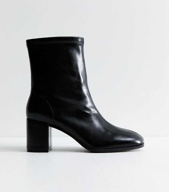 Black Faux Leather Sock Block Heel Ankle Boots