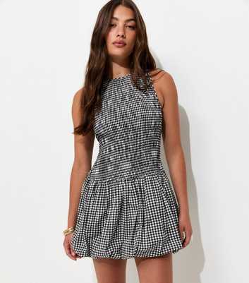 Grey Cotton Gingham Bubble Hem Mini Dress