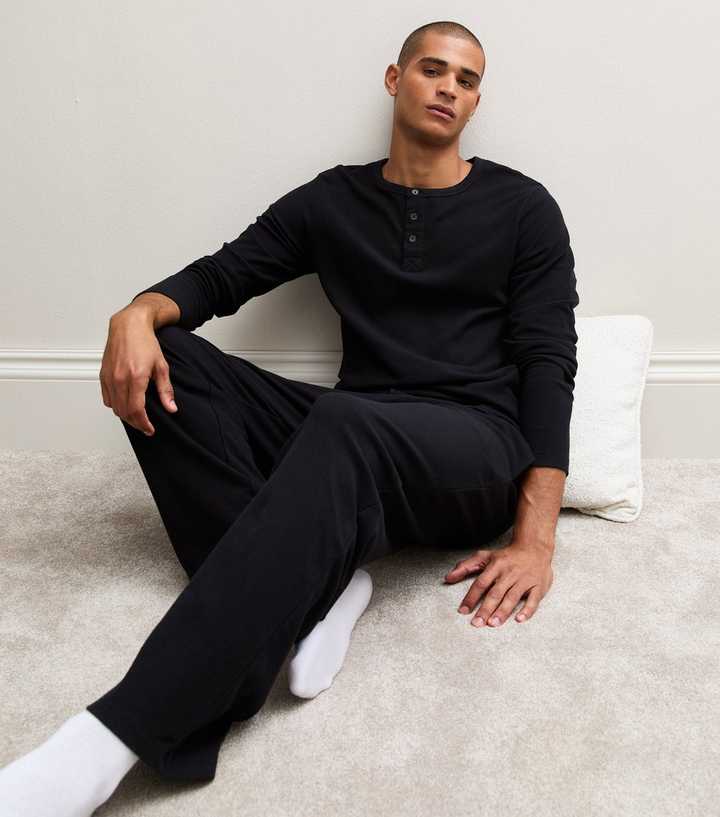 Black Cotton Rich Waffle Henley Long Sleeve Top And Bottoms Pyjama Set