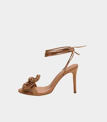 Public Desire Tan Karla Faux Leather Raffia Flower Lace Up Sandals