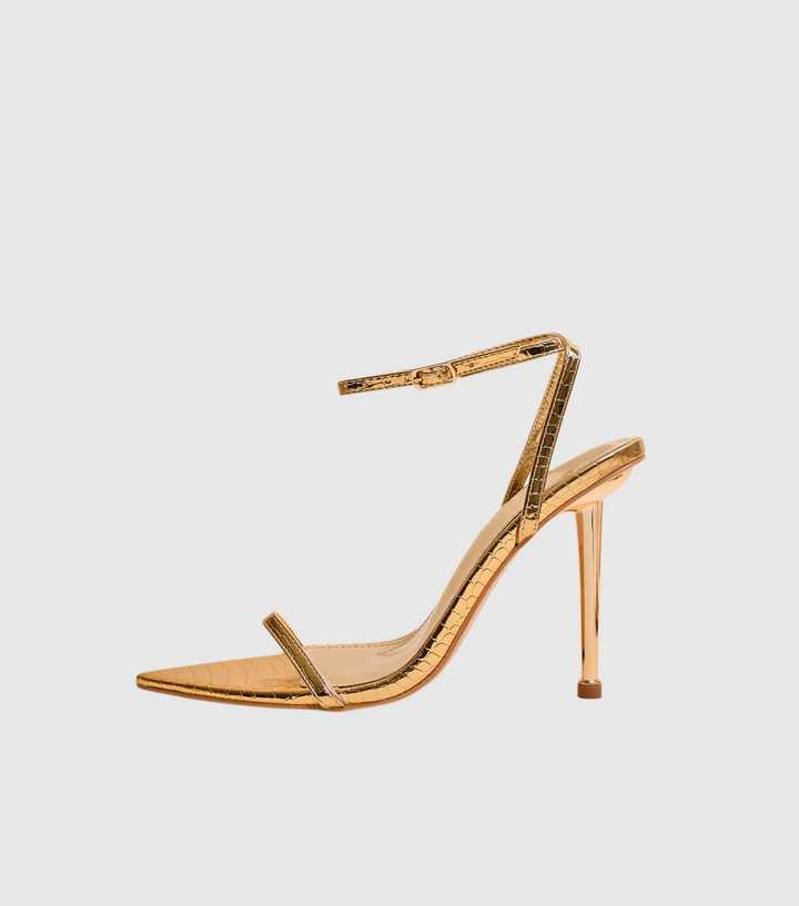 Public Desire Gold Legacy Faux Leather Crocodile Embossed Stiletto Heel Sandals
