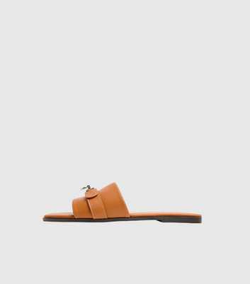 Public Desire Brown Radiance Faux Leather Buckle Trim Flat Sandals