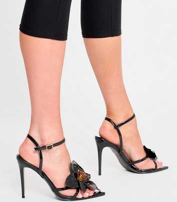 Public Desire Black Ondine Patent Faux Leather 3D Floral Stiletto Sandals