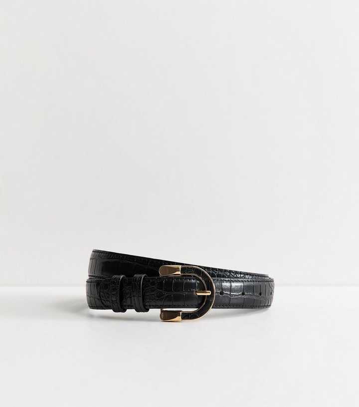Black Faux Leather Crocodile Textured Resin Buckle Belt