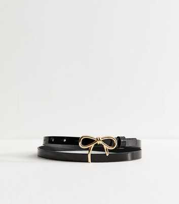 Black Faux Leather Bow Buckle Skinny Belt