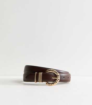 Dark Brown Faux Leather Textured Buckle Belt