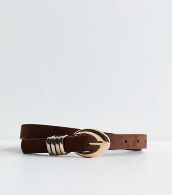Dark Brown Faux Suede Mixed Metal Oval Buckle Belt