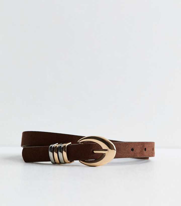 Dark Brown Faux Suede Mixed Metal Oval Buckle Belt