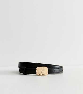 Black Faux Leather Hammered Buckle Skinny Belt