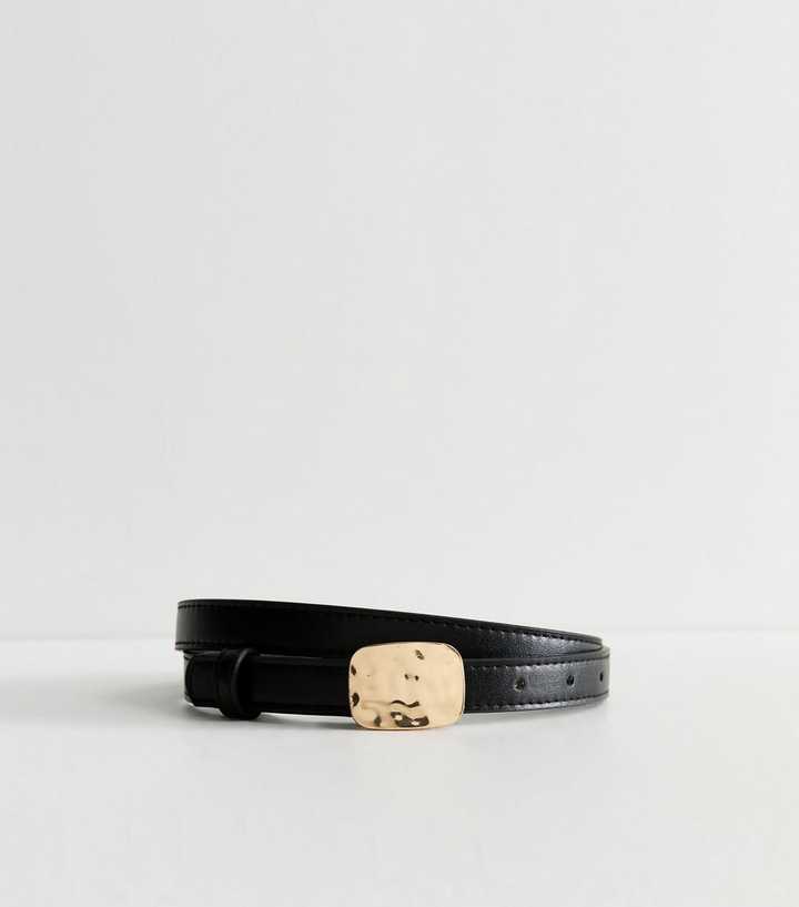Black Faux Leather Hammered Buckle Skinny Belt