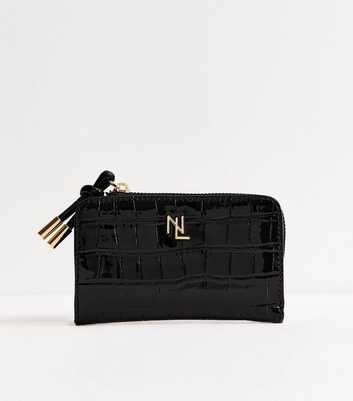 Black Faux Leather Oversized Crocodile Embossed Logo Plaque Cardholder