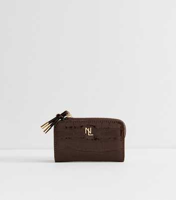 Dark Brown Faux Leather Croc Embossed Logo Cardholder