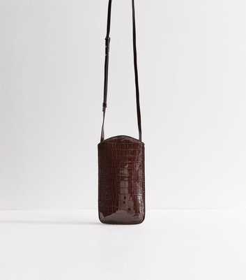 Dark Brown Faux Leather Crocodile Embossed Phone Bag