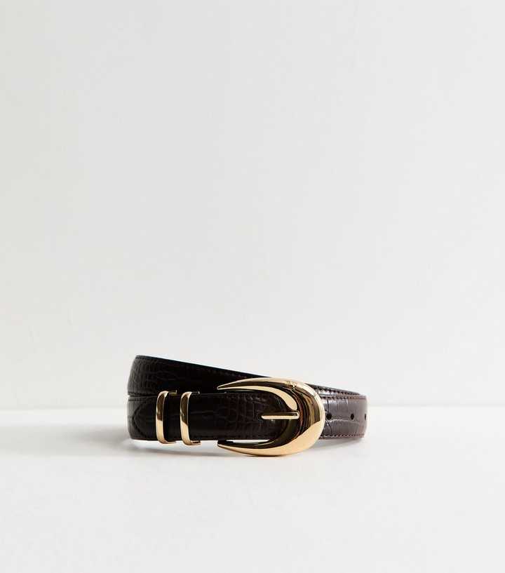 Dark Brown Faux Leather Croc Embossed Belt