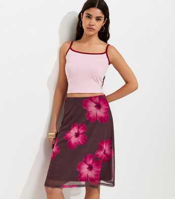 Pink Hibiscus Print Mesh Midi Skirt