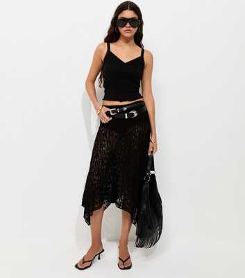 Black Sheer Lace Hanky Hem Midi Skirt