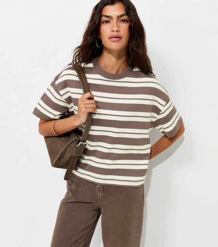 Premium Brown Cotton Striped Boxy Fit T-Shirt