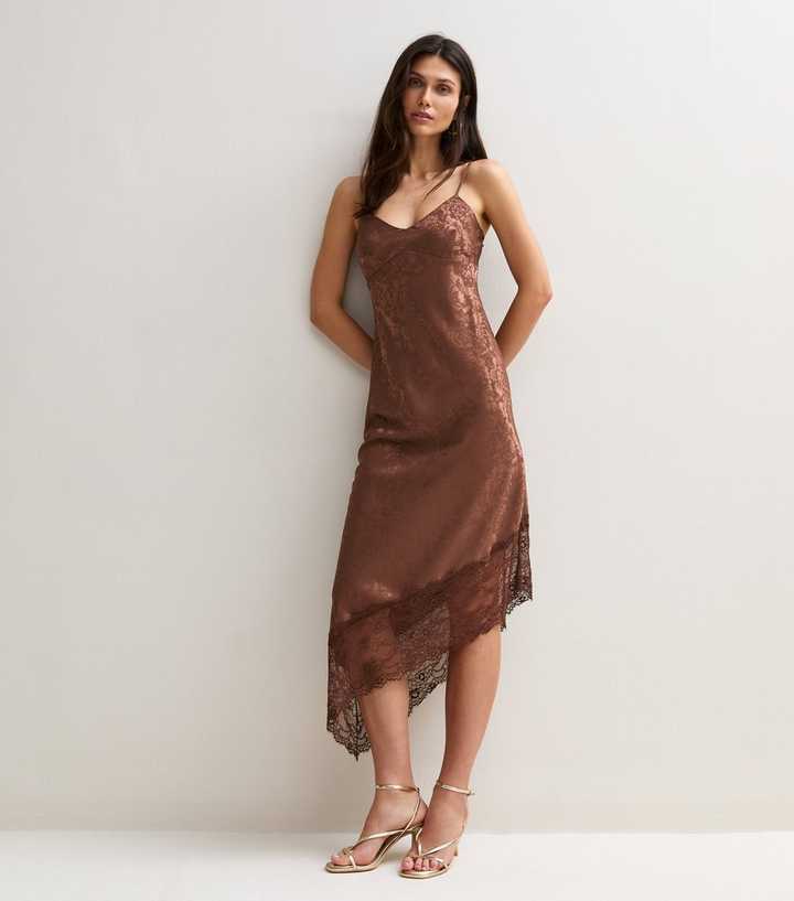 Dark Brown Floral Jacquard Satin Asymmetric Lace Midi Dress