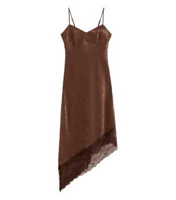 Dark Brown Floral Jacquard Satin Asymmetric Lace Midi Dress